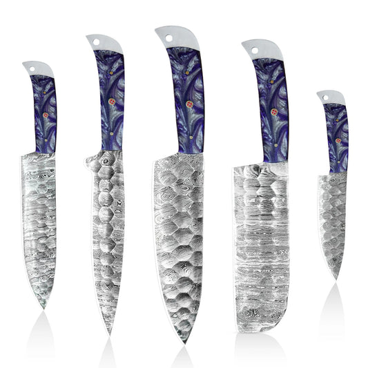Damascus Steel Kitchen Knife Set with Vibrant Purple Resin - Chef's Edge