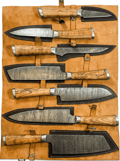 7-Piece Damascus Steel Handmade Kitchen Knife Set | Wooden Handle | Damascus Chef Knife Set - Chef's Edge