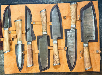 7-Piece Damascus Steel Handmade Kitchen Knife Set | Wooden Handle | Damascus Chef Knife Set - Chef's Edge