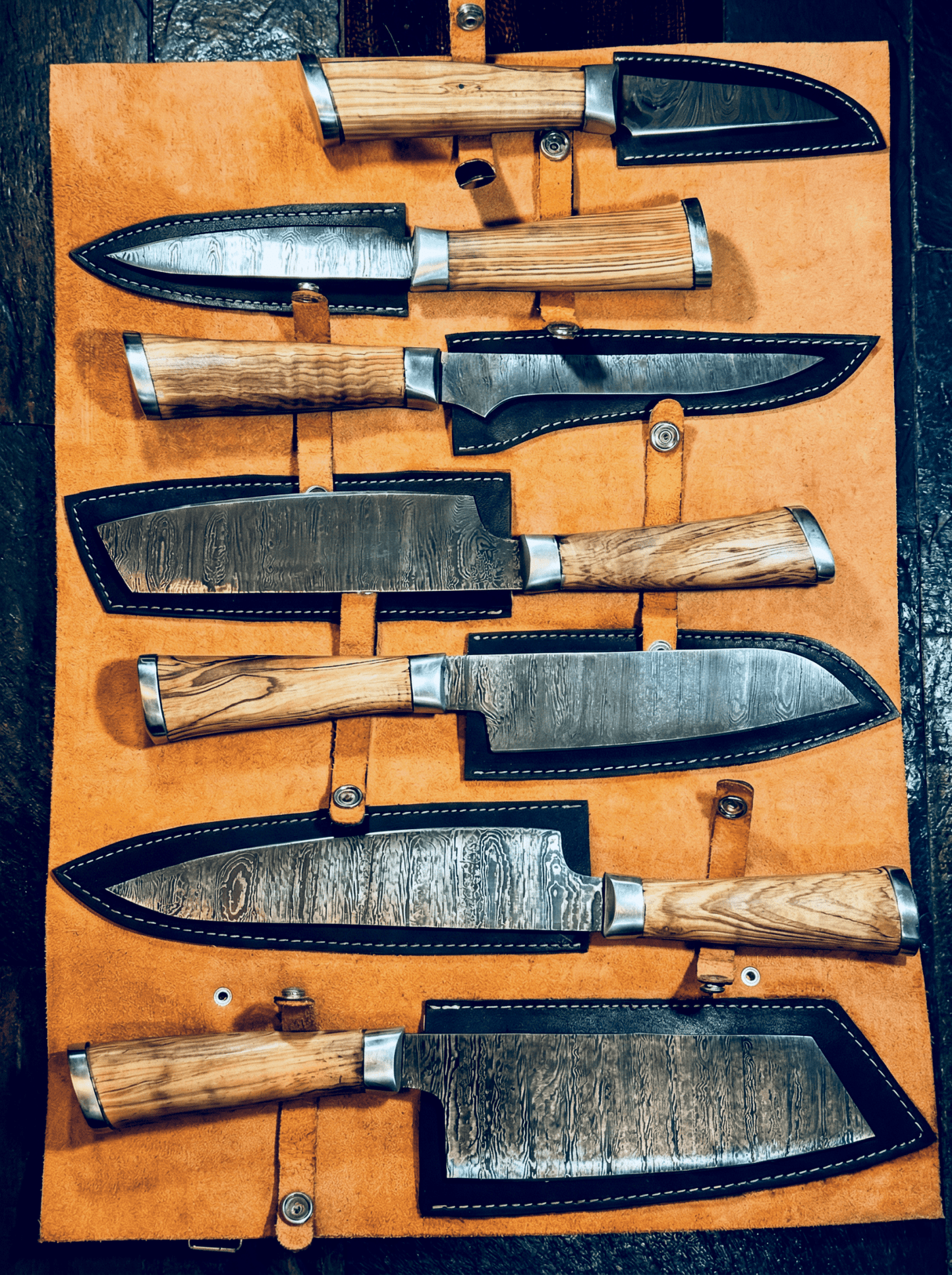 7-Piece Damascus Steel Handmade Kitchen Knife Set | Wooden Handle | Damascus Chef Knife Set - Chef's Edge