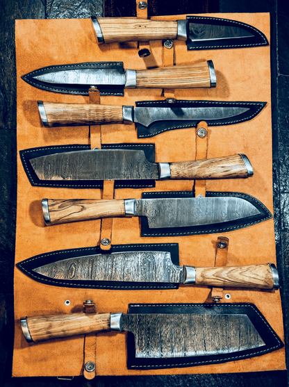 7-Piece Damascus Steel Handmade Kitchen Knife Set | Wooden Handle | Damascus Chef Knife Set - Chef's Edge