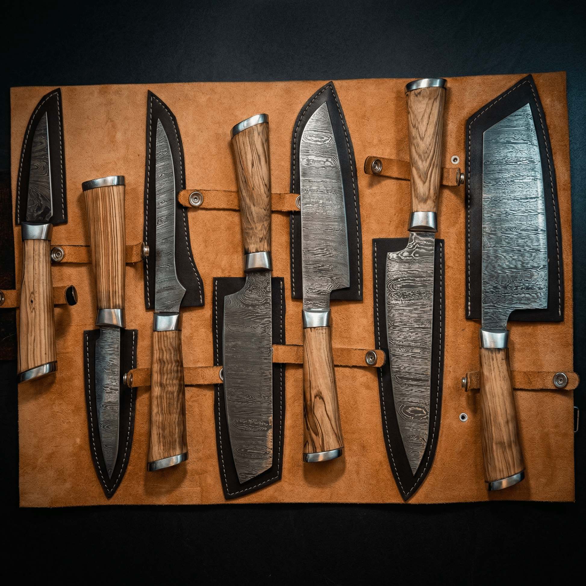 7-Piece Damascus Steel Handmade Kitchen Knife Set | Wooden Handle | Damascus Chef Knife Set - Chef's Edge