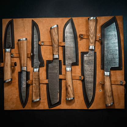 7-Piece Damascus Steel Handmade Kitchen Knife Set | Wooden Handle | Damascus Chef Knife Set - Chef's Edge