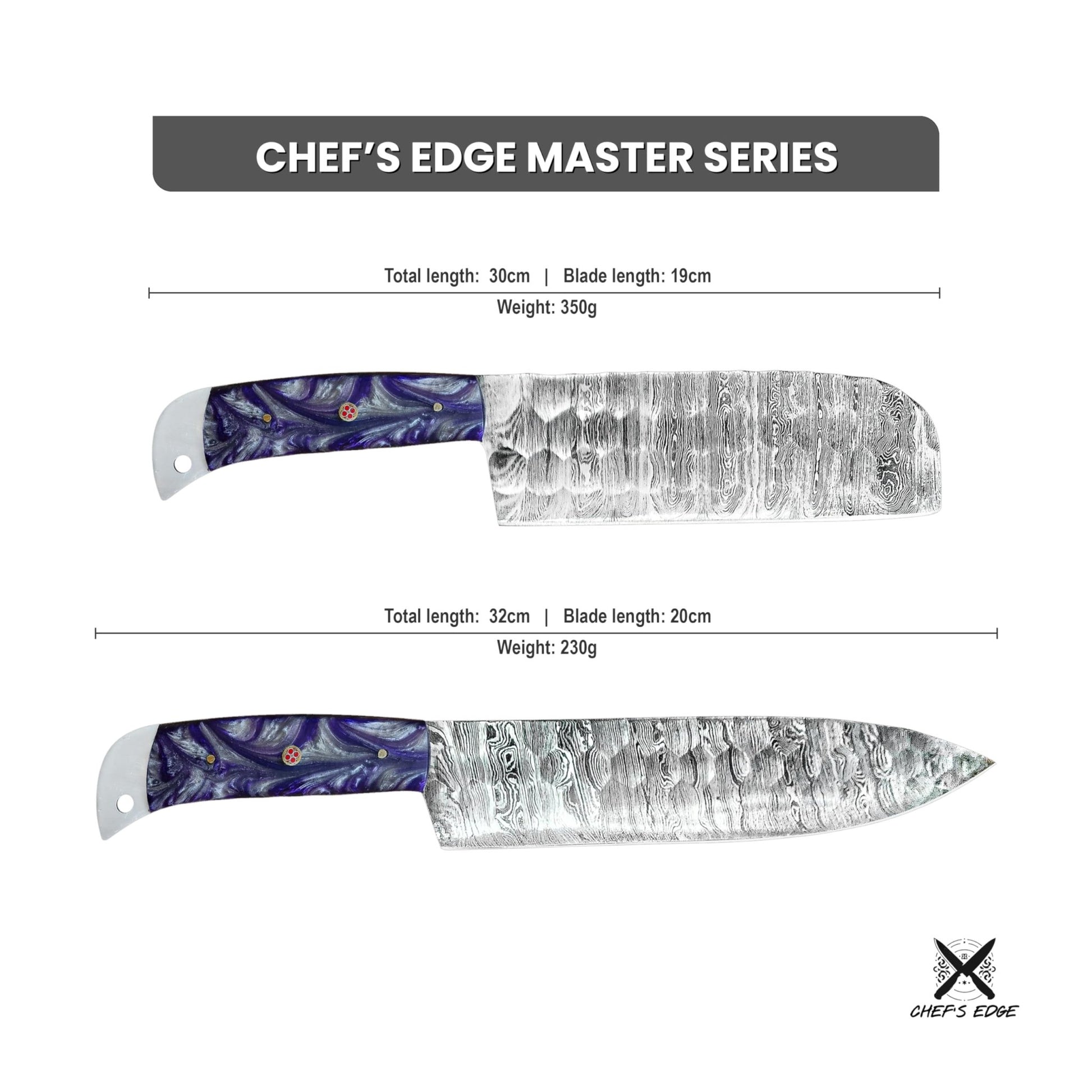 Damascus Steel Kitchen Knife Set with Vibrant Purple Resin - Chef's Edge
