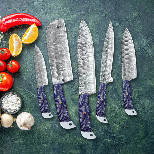 Damascus Steel Kitchen Knife Set with Vibrant Purple Resin - Chef's Edge