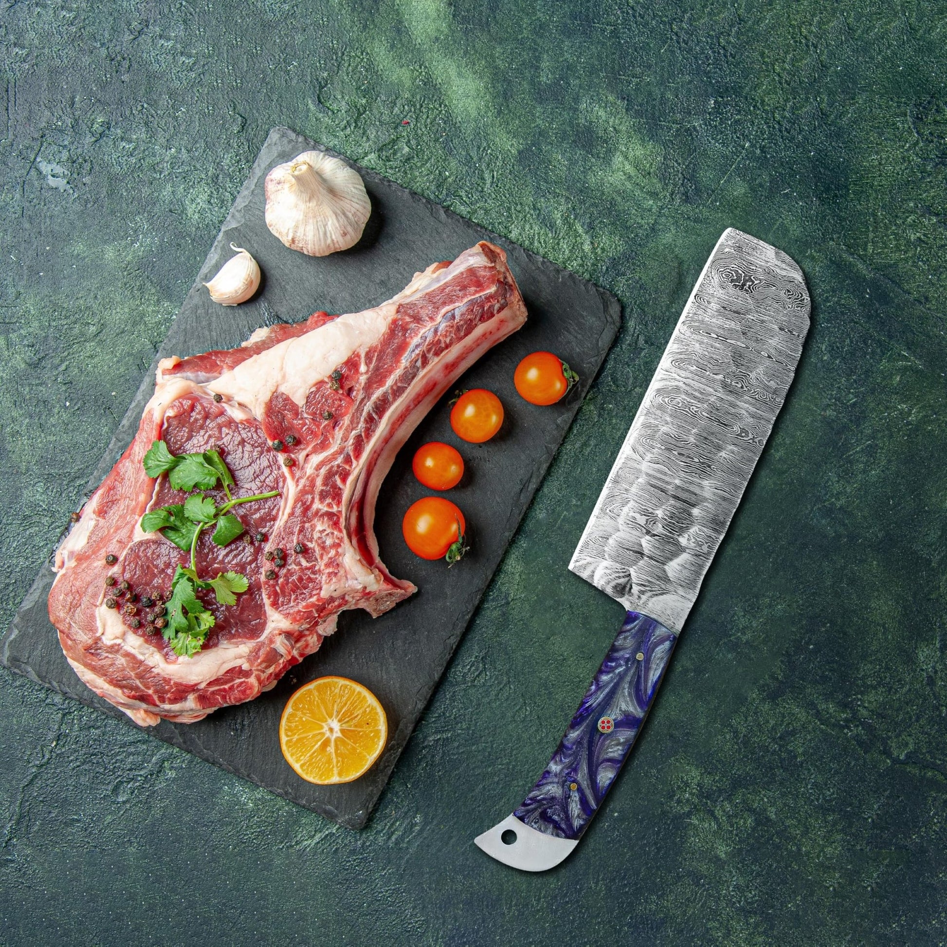 Damascus Steel Kitchen Knife Set with Vibrant Purple Resin - Chef's Edge