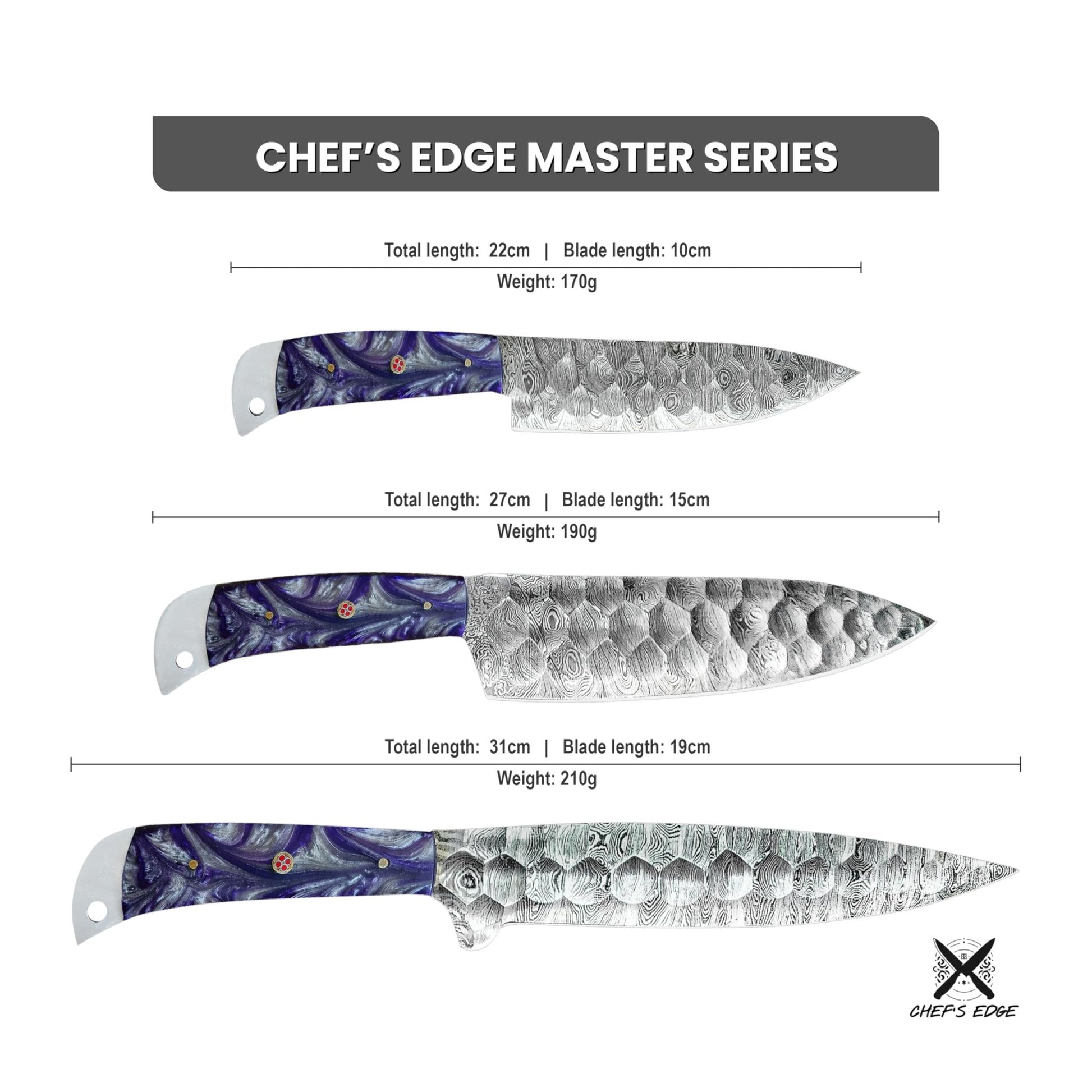 Damascus Steel Kitchen Knife Set with Vibrant Purple Resin - Chef's Edge