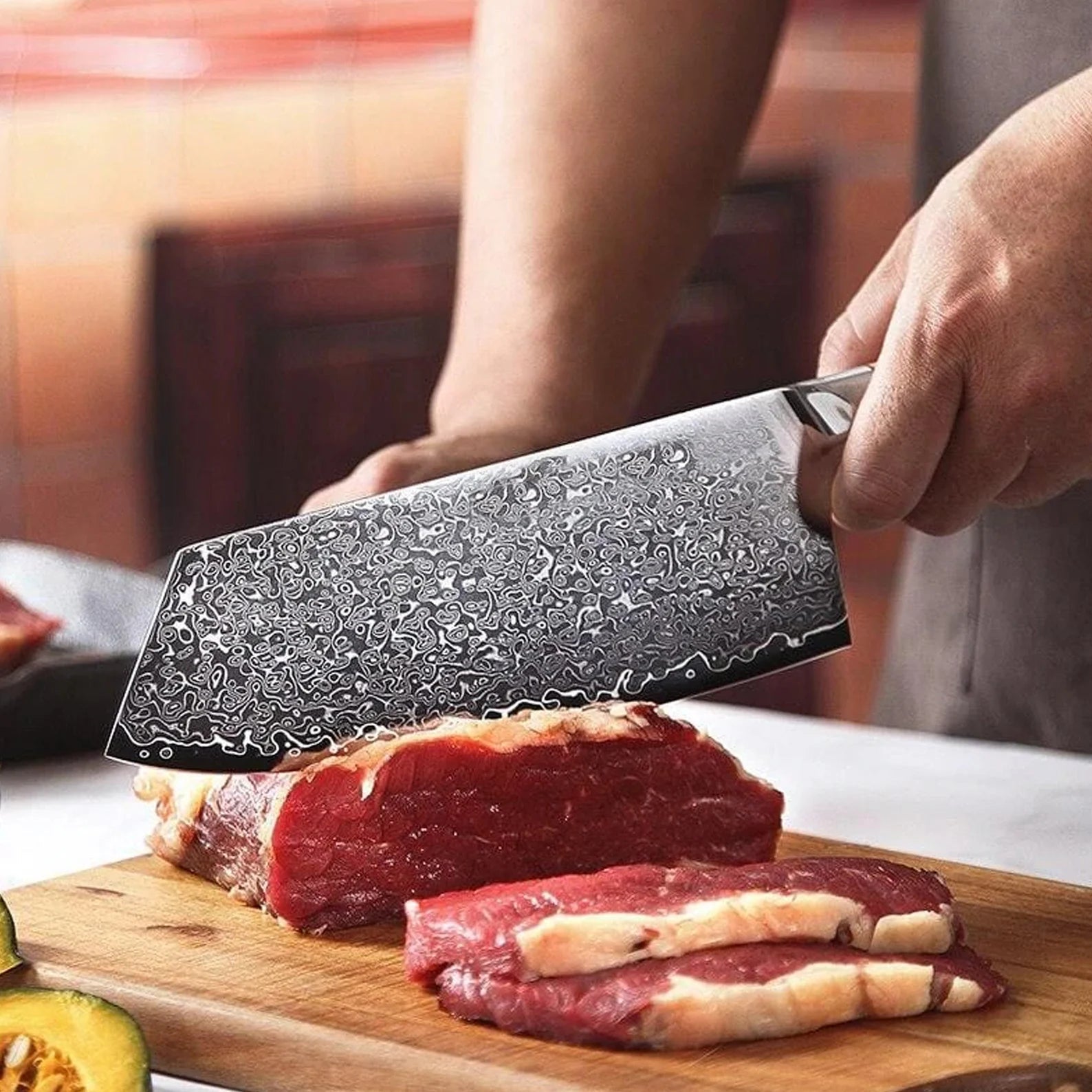 Handmade 7-Piece Damascus Steel Kitchen Knife Set | Raindrop Damascus | Chef's Gift | Solid Wooden Handle | Damascus Chef Knife Set - Chef's Edge