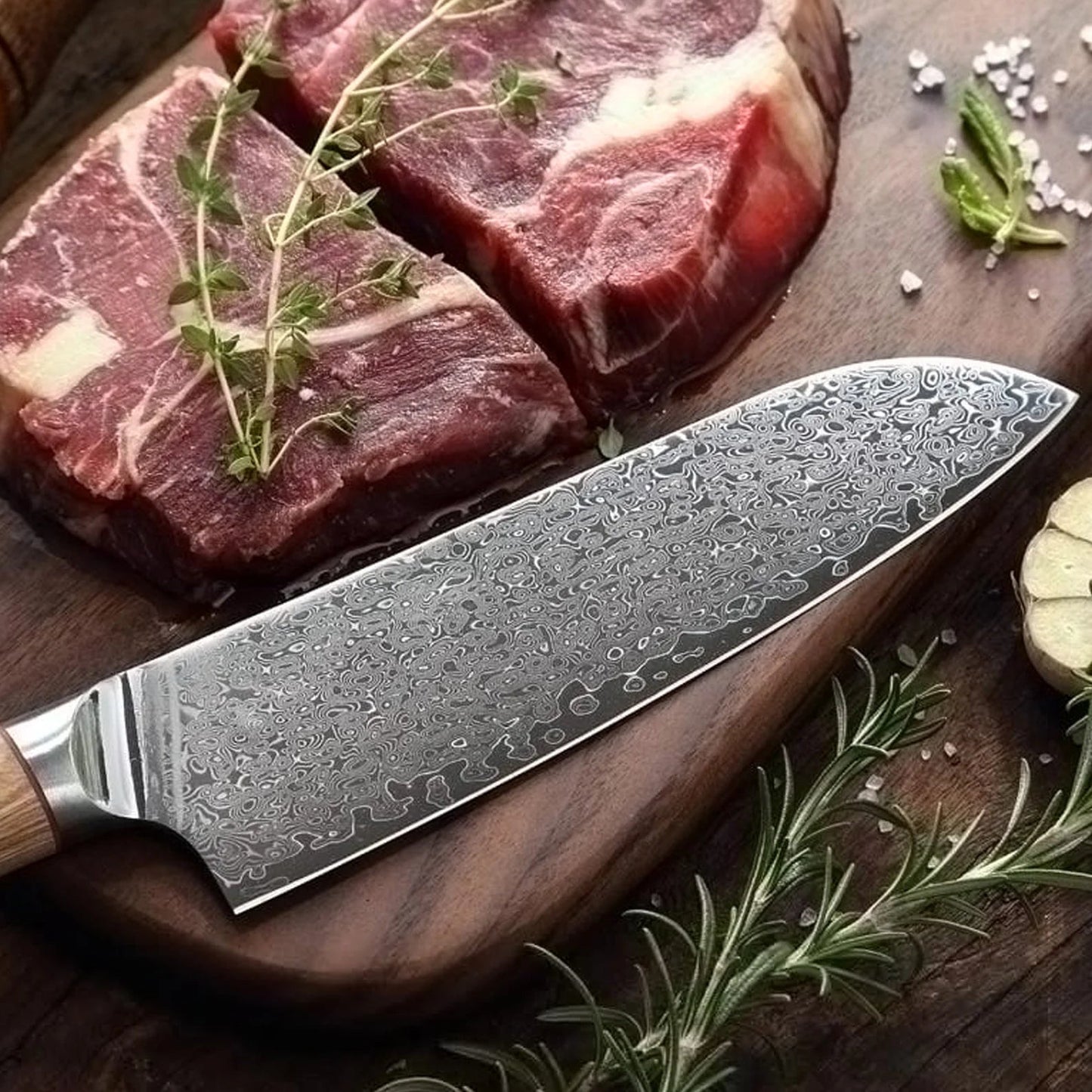Handmade 7-Piece Damascus Steel Kitchen Knife Set | Raindrop Damascus | Chef's Gift | Solid Wooden Handle | Damascus Chef Knife Set - Chef's Edge