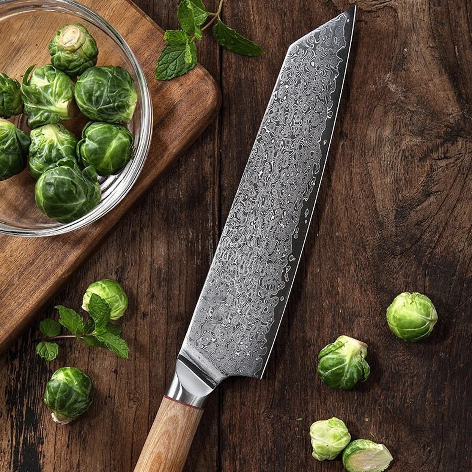 Handmade 7-Piece Damascus Steel Kitchen Knife Set | Raindrop Damascus | Chef's Gift | Solid Wooden Handle | Damascus Chef Knife Set - Chef's Edge