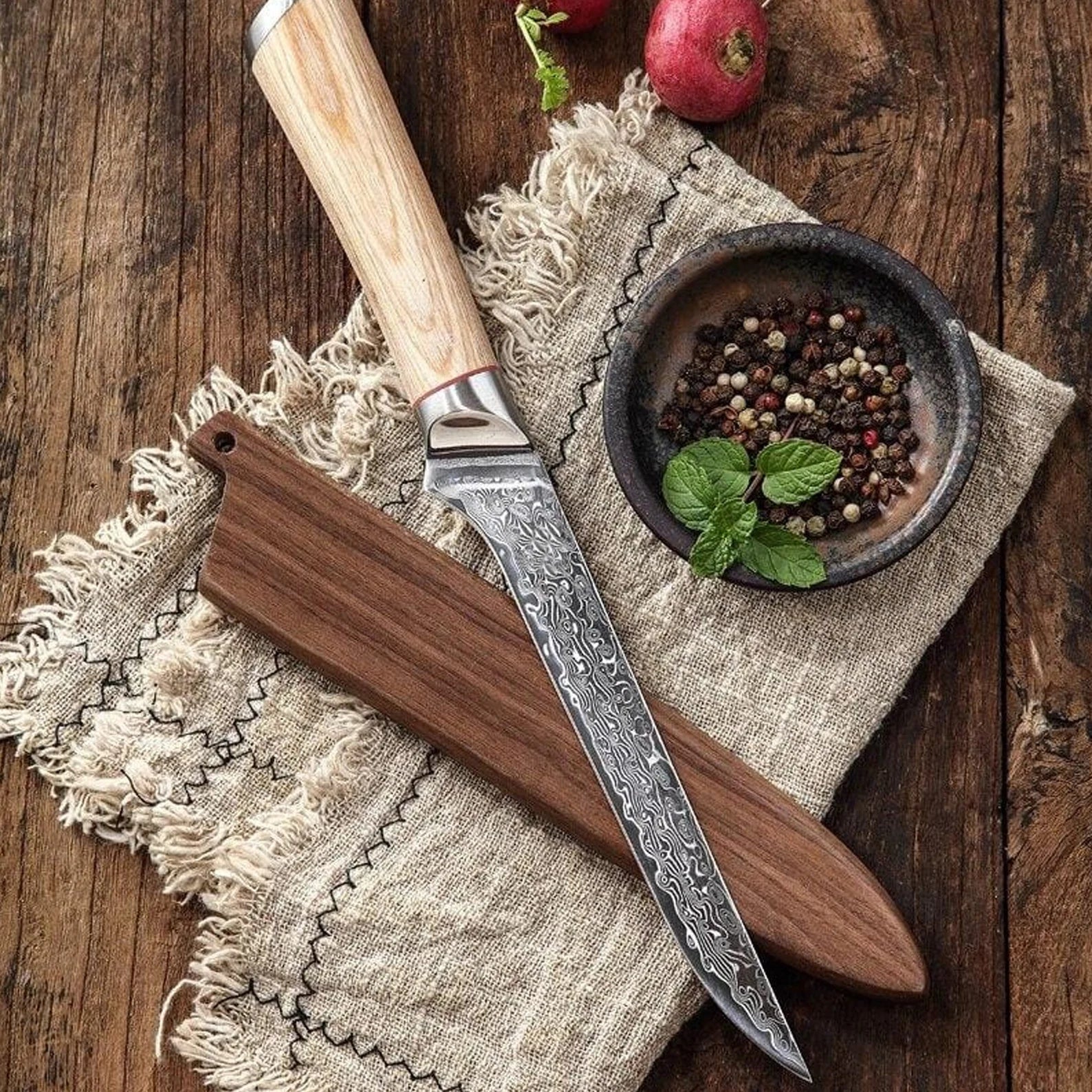 Handmade 7-Piece Damascus Steel Kitchen Knife Set | Raindrop Damascus | Chef's Gift | Solid Wooden Handle | Damascus Chef Knife Set - Chef's Edge
