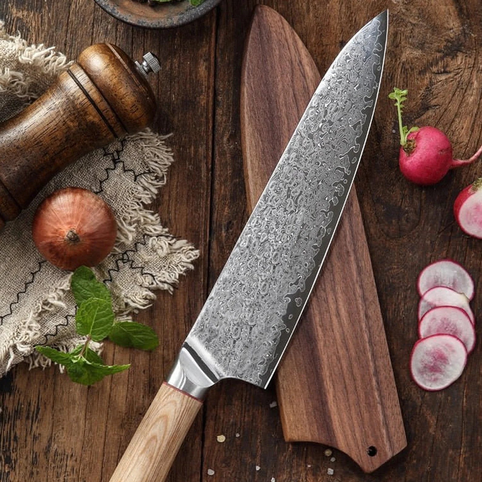 Handmade 7-Piece Damascus Steel Kitchen Knife Set | Raindrop Damascus | Chef's Gift | Solid Wooden Handle | Damascus Chef Knife Set - Chef's Edge