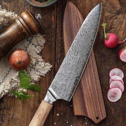 Handmade 7-Piece Damascus Steel Kitchen Knife Set | Raindrop Damascus | Chef's Gift | Solid Wooden Handle | Damascus Chef Knife Set - Chef's Edge