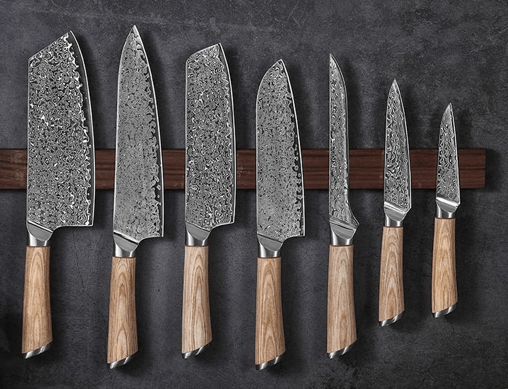 Handmade 7-Piece Damascus Steel Kitchen Knife Set | Raindrop Damascus | Chef's Gift | Solid Wooden Handle | Damascus Chef Knife Set - Chef's Edge